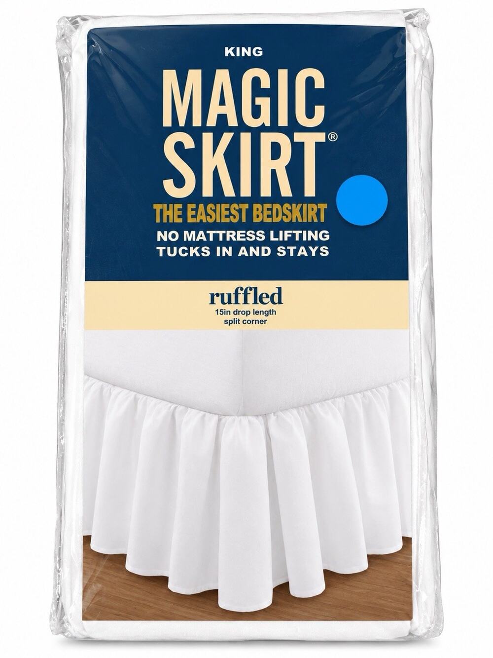 Magic Skirt Ruffled Bed Skirt White, King, 15” Drop Length Split Corner.
